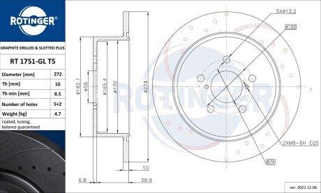 Диск тормозной задний (кратно 2) Subaru Legacy IV [274X66 перфорир.] (RT 1751-GL T5) ROTINGER RT1751GLT5