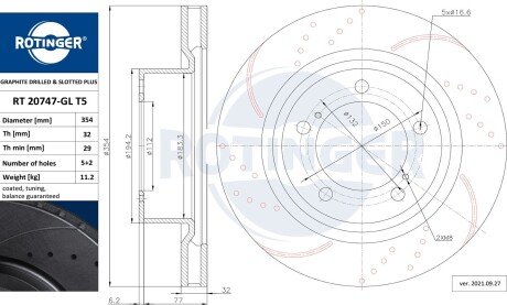 Диск тормозной передний (кратно 2) Toyota Land Cruiser 200 (354X83 перфорир).) (RT 20747-GL T5) ROTINGER RT20747GLT5