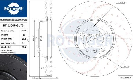 Диск тормозной передний (кратно 2) BMW X5(E70,F15,F85), X6(E71,E72,F16,F86) [332X63 перфорир.] (RT 21047-GL T5) ROTINGER RT21047GLT5