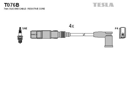 Провод высоковольтный Audi, VW, Skoda, SEAT A3, A4, Bora, Caddy, Golf, Jetta, Passat, Fabia, Octavia 1.6,2.0, к-т TESLA BLATNA, Чехія T076B