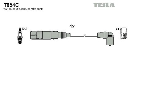 Провод высоковольтный AUDI, VW, SKODA, SEAT A3, A4, BORA, CADDY, GOLF, JETTA, PASSAT, FABIA, OCTAVIA 1.6,2.0, к-т TESLA BLATNA, Чехія T854C