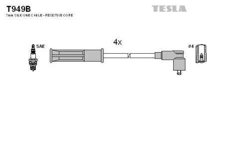 Провод высоковольтный RENAULT KANGOO, LAGUNA, MEGANE 1.4, 1.6, к-т TESLA BLATNA, Чехія T949B