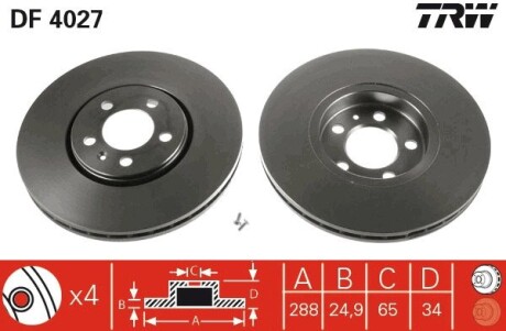 Диск тормозной AUDI A3, SEAT TOLEDO, SKODA FABIA, OCTAVIA, VW передн., вент. (выр-во) TRW DF4027